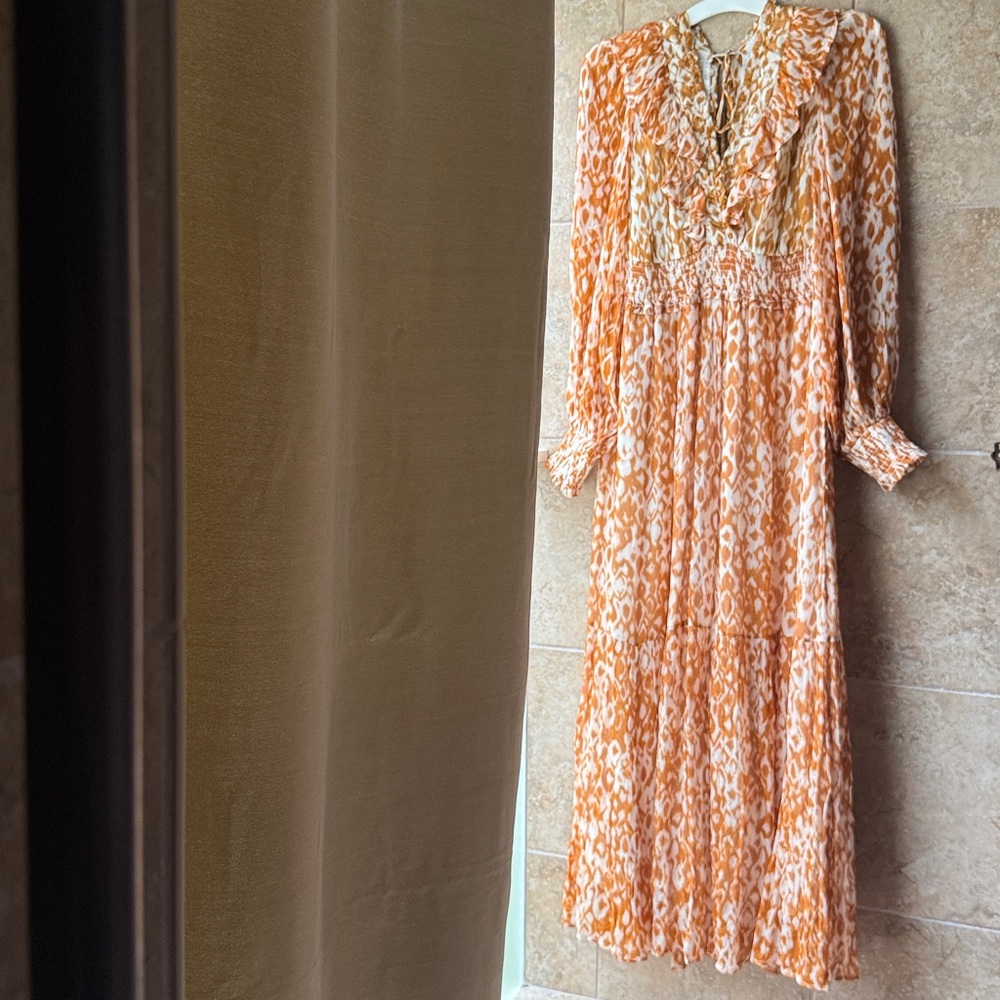 Anthropologie Odetta Maxi Dress Pockets Elastic Waist Ruffles Tiered Skirt Gold - Picture 4 of 16